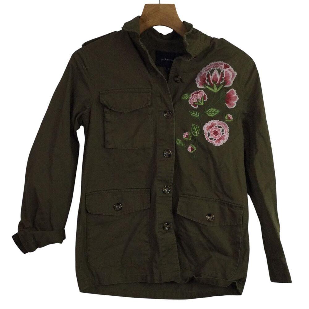 Jealous Tomato Womens Shirt Jacket Embroidered Floral Military Army Green Size S